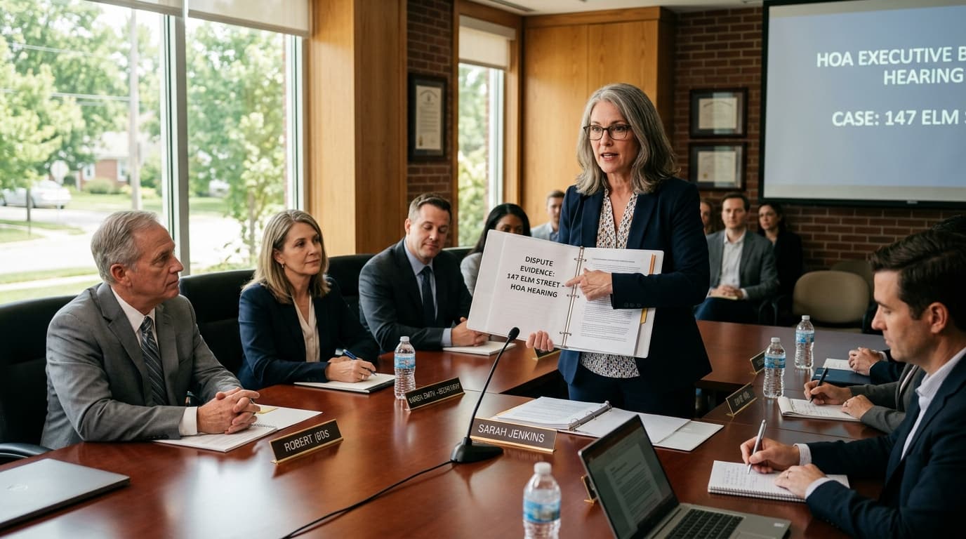 Homeowner presenting HOAFineCheck dispute evidence binder at suburban HOA executive board hearing