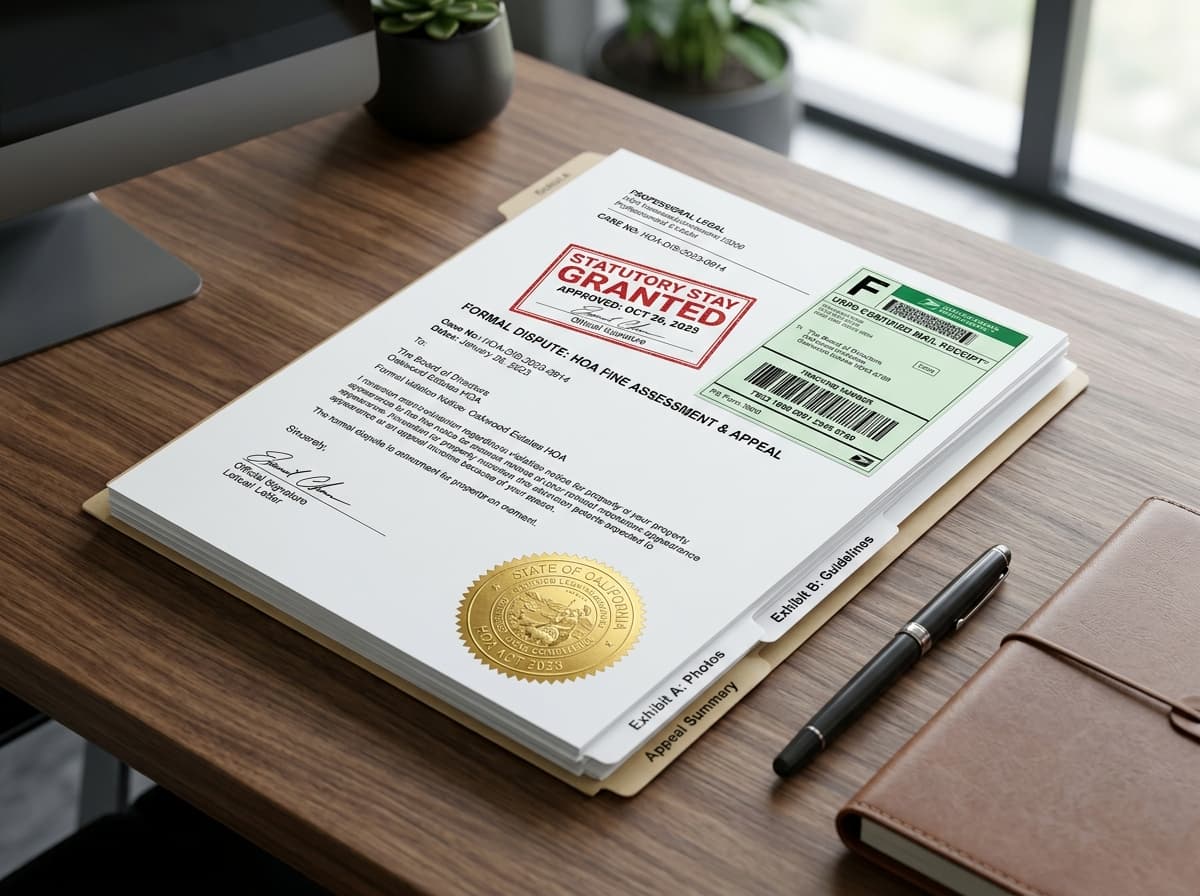 Official HOAFineCheck USPS Certified Mail Dispute Defense Dossier with Statutory Stay Stamp